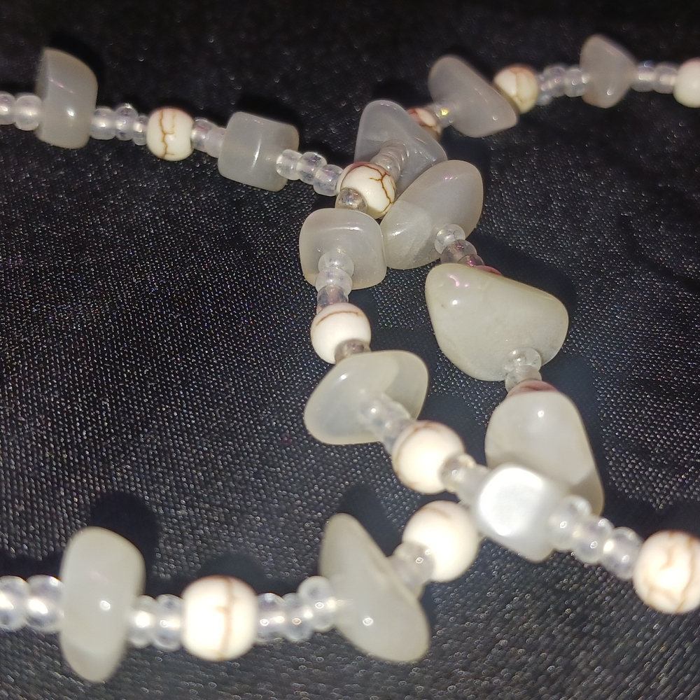 Gray and White Polished Stone Bracelet set with Beaded Elegance